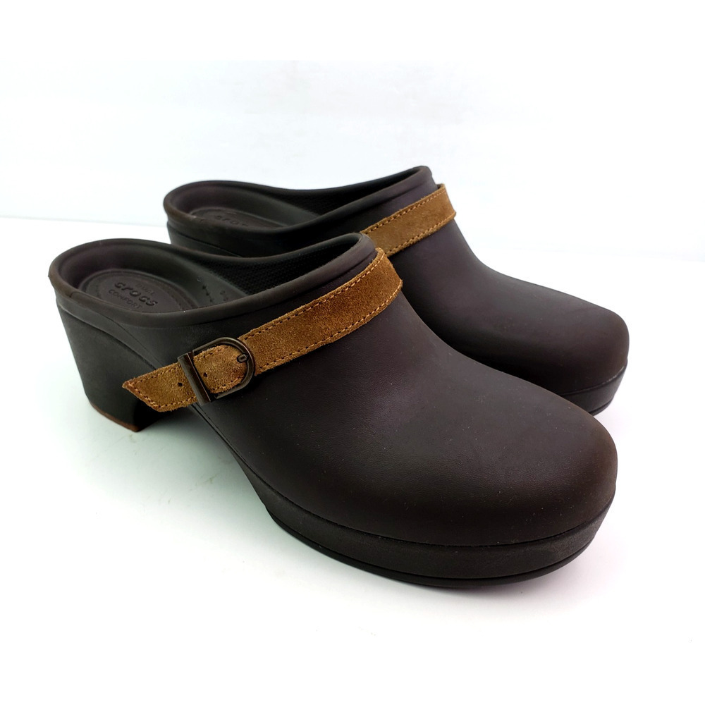 Crocs Sarah Womens Size 9 Brown Slip On Comfort 2.75" Heel Mule Clog Shoes